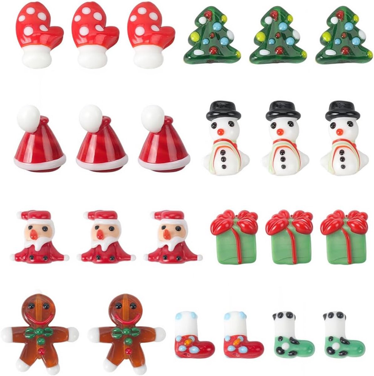 Kralen met 8 stijlen, 30 stuks, voor kerstboom, Murano-glasparels, kleurrijke kersthandschoenen, sokken, sneeuwpop, geschenkdoos, gladde afstandhouders