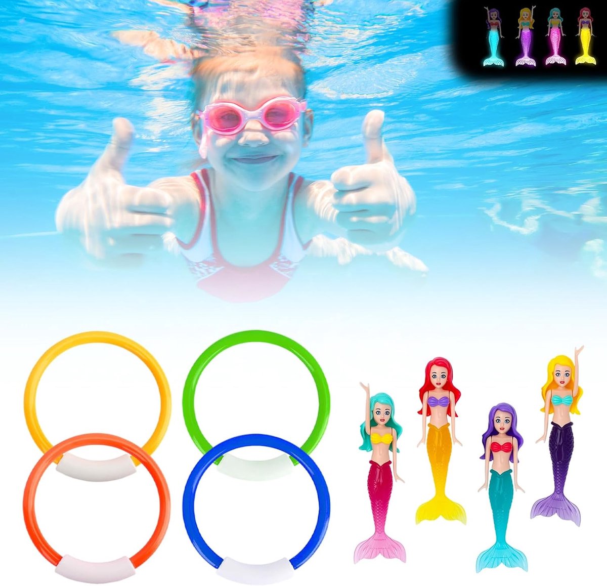 Duikringen met 4 zeemeerminnen | Met pvc-zeemeermin-waterspeelgoed, voor zwembad, badkuip, duiktraining en waterspelletjes buitenshuis