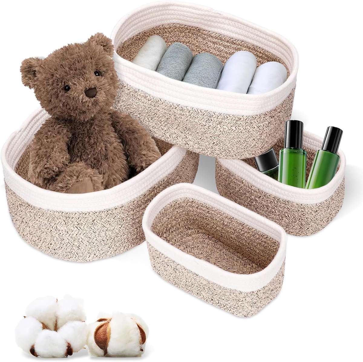 4-delig set Opbergmand van katoentouw – katoenen touw geweven,Gevlochten mand – Stapelbare katoenen touwmand voor badkamer,kinderkamer,commode,speelgoed,cosmetica en decoratie
