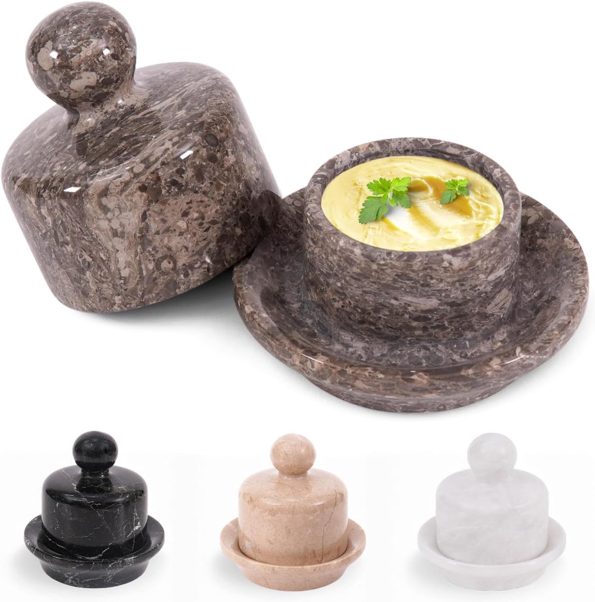 KRAFTS Mini marmeren botervloot 10,2 cm met deksel, Oceanic stenen boterbewaarpot voor zachte en smeerbare boter, ideaal voor aanrechtopslag en keuken decoratie