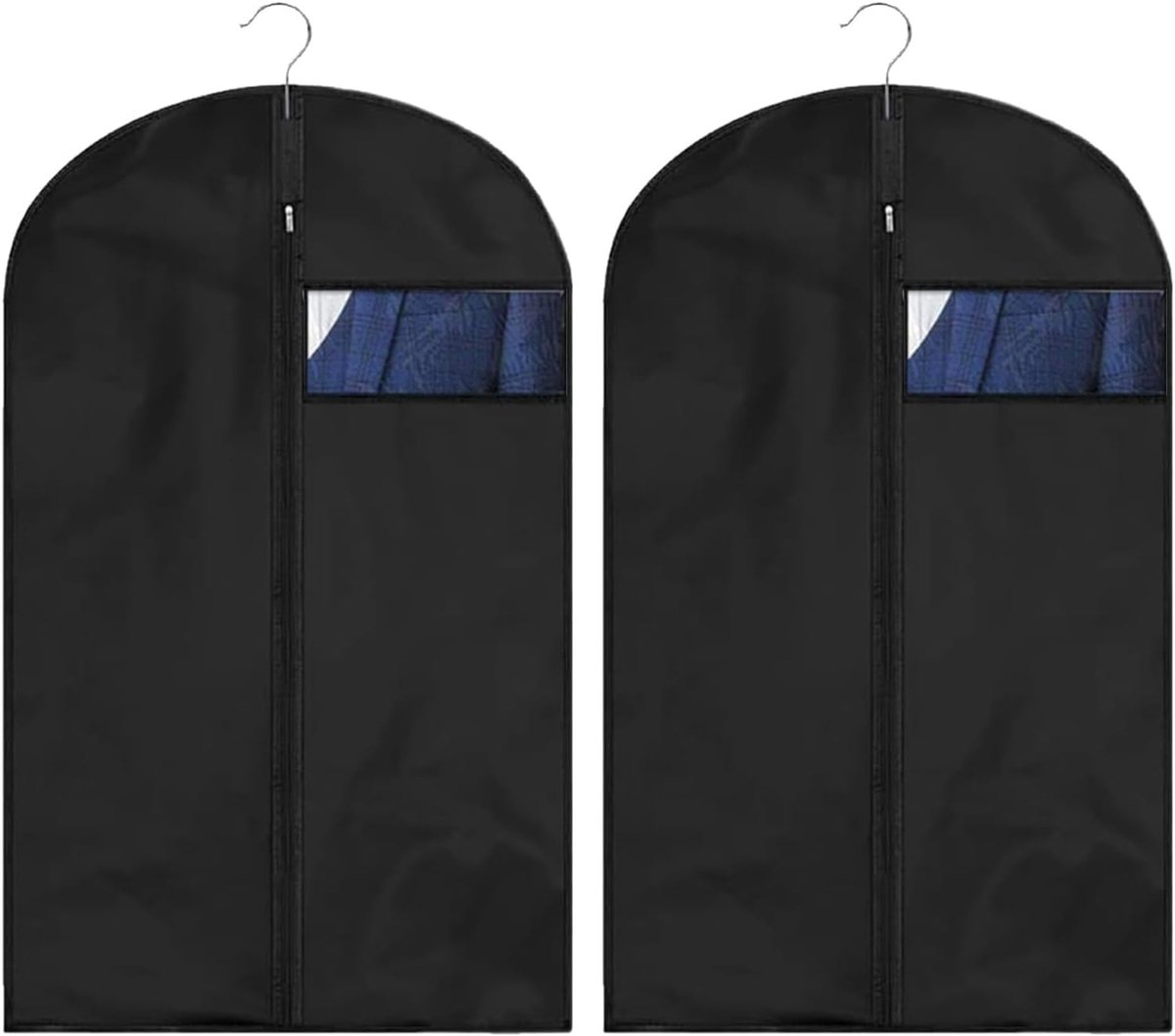 Kledingzak, pak, beschermhoes, 2 stuks, kledingzak voor het opbergen, kostuumtas, heren, ademende stof, kort, met helder venster, voor pak, mantel, jas, overhemden