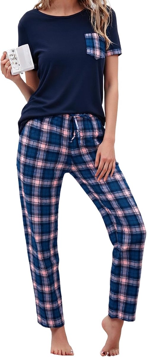 Damespyjama-set met korte mouwen, katoenen pyjama, loungewear, zachte nachtkleding, nachtkleding, set met zakken
