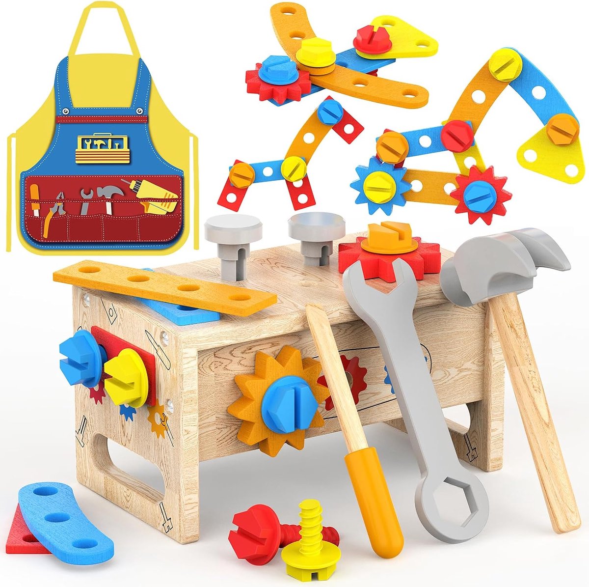 Speelgoed vanaf 2 jaar, gereedschapskoffer voor kinderen, speelgoed met schort, 42 stuks gereedschap, hout, motoriek, leerspellen, voor jongens en meisjes van 2 tot 4 jaar