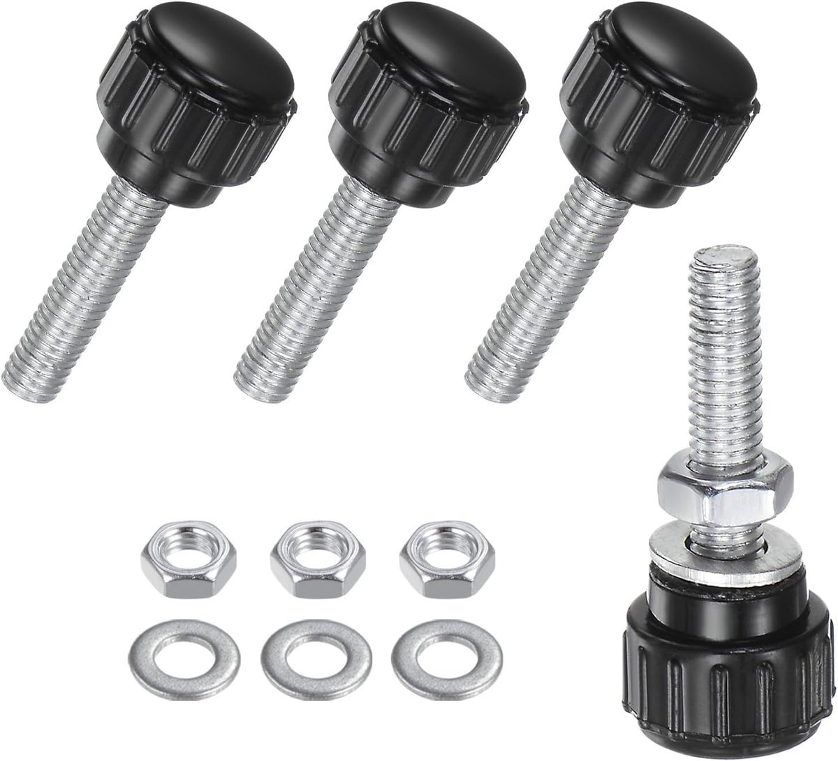 METERXITY 4-Set gekartelde klemknoppen, M5 x 20 mm buitendraad gekartelde duimschroef W moeren en ringen koolstofstaal schroefknoppen handgrepen voor machines/elektronisch/meubels [14 mm dia, zwart]