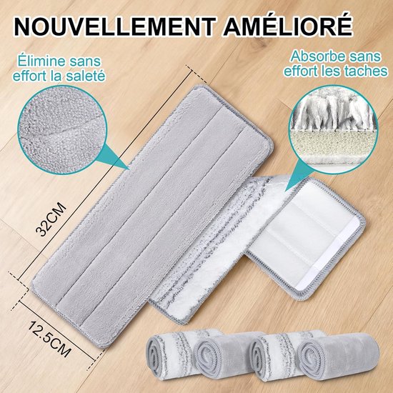 Dweilmop set met emmer, 140 cm roestvrij stalen handgreep, dweil en poetsemmer, vloerwisser met 5 microvezelpads, wisserbodem met uitwringfunctie voor alle vloeren — afbeelding 4