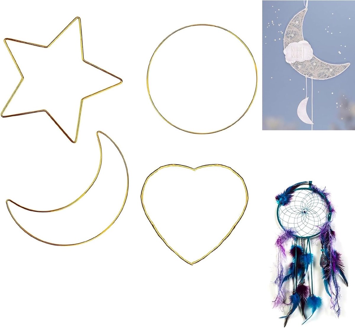 4 stuks Dream Catcher Ringen, Metal Macrame Rings Hoepels,DIY Handwerk Dromenvange, Rond, Hart, Maan, Ster, Bruiloft Krans Ringen, voor Dream Catcher en Crafts