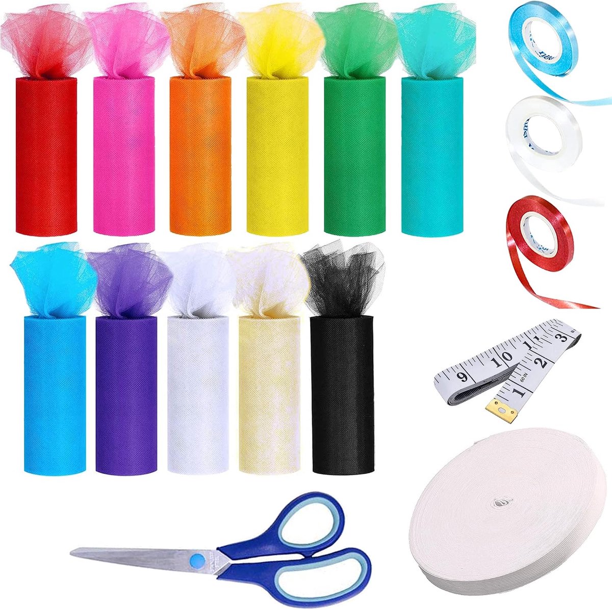 17 stuks regenboog glitter tule, 11 kleuren tule stoffen linten rollen 6 inch x 25 yard, elastische band, naaischaar, meetlint voor tafel stoel boog rok naaien knutselen feest decor