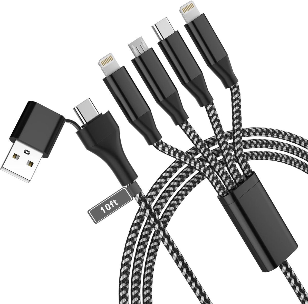 oplaadkabel USB C snellaadkabel 4-in-2, 3 m/10 voet [Aple MFi-gecertificeerd] USB A/C naar Micro USB + Type C + 2 Lightning voor iPhone en meerdere apparaten (type C niet voor iPad)