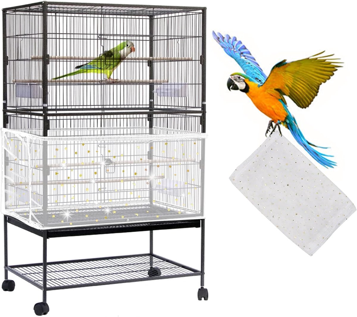 Grote vogelkooi, vogelkooi, zadenvanger, verstelbare zachte luchtige nylon netwerk, vogelkooi cover rok zaadbeschermer voor papegaai parkiet ara Afrikaanse ronde vierkante kooien (wit, pailletten ster)