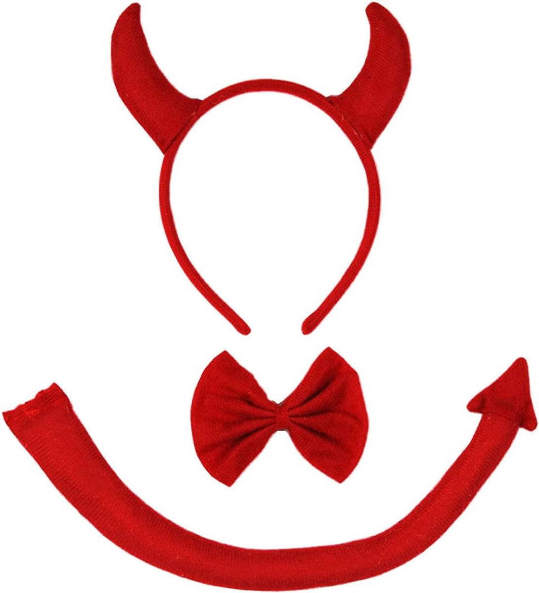 Shining Halloween duivel kostuum set met hoofdband staart bowtie, carnaval themafeest cosplay hoofddeksels voor kinderen volwassen, rood