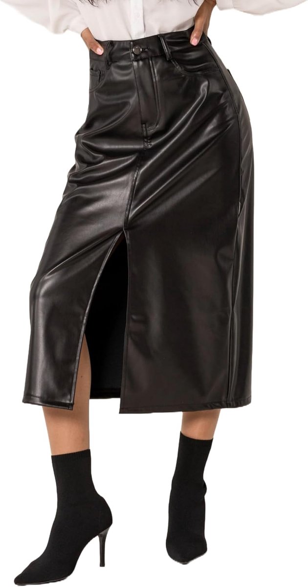 Carter J225 Damesrok met hoge taille, kuitlange lederlook, rok met voorsplit, lange rok met ritssluiting, lederlook