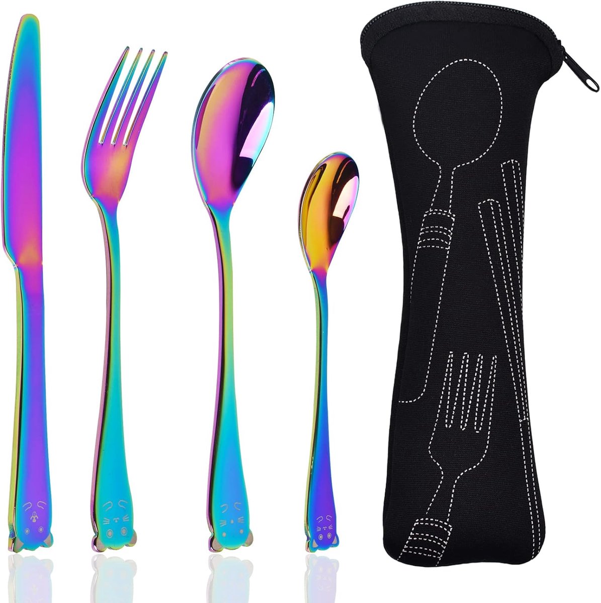 Iridescent Mes-Vork-Lepel Set, Ooievaars Roestvrij Staal, Spiegel Gepolijst, Vaatwasmachinebestendig, Met Opbergtas voor 1 Set