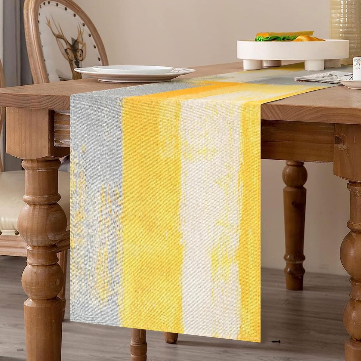 Tafelloper modern woonkamer geel schilderij tafelloper lente zomer abstracte tafelloper linnen tafeldecoratie bruiloft keuken binnen buiten vakantie party decoratie 33 x 183 cm