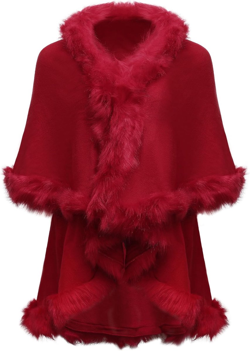 Vrouwen Fijn Gebreide Open Voorkant Faux Fur Trim Lagen Poncho Cape Vest Trui