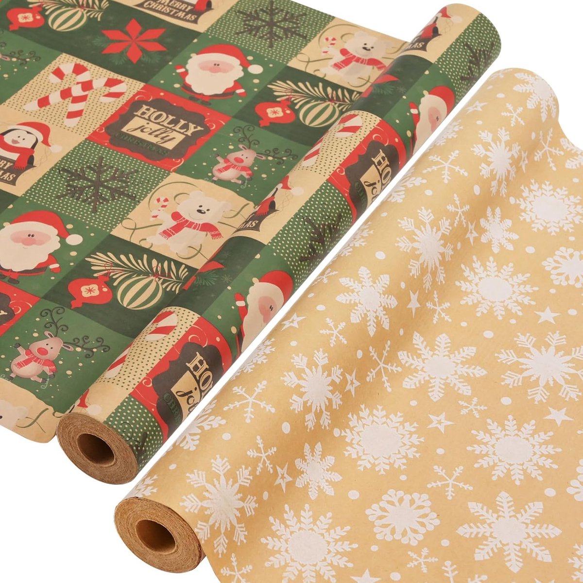 Cadeaupapier, 43 cm x 15 m kerstpapier voor cadeaus, recycleerbaar kraftpapier voor kerstdozen, verpakking voor verjaardagen, festivals, feesten, decoraties (Santa Claus/Sneeuw)