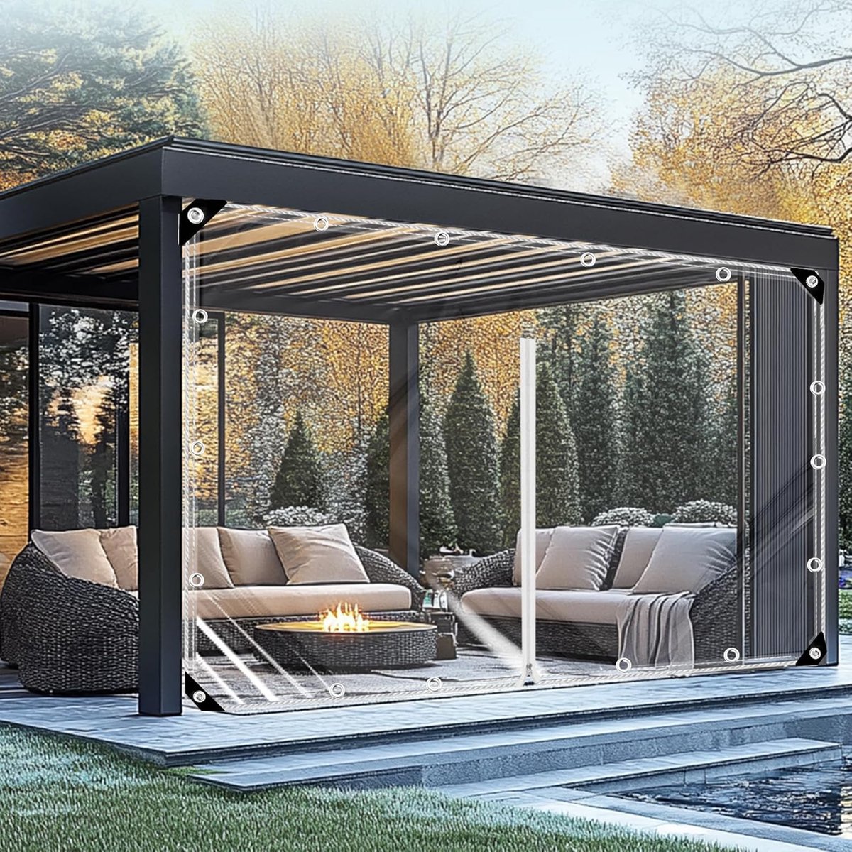 zeil met ritssluiting, 2 x 2,5 m, robuust, doorzichtig 420 g/m², waterdicht, kunststof voor terras en buiten, met ingestanste ringen