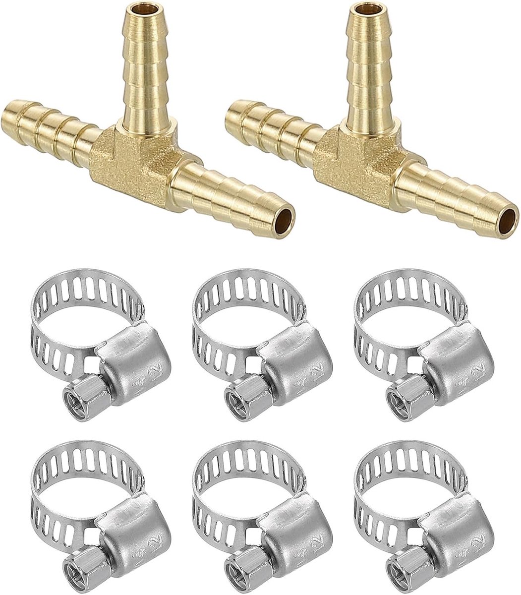 2 stuks 3-weg verbindingsstukken messing thee 3/16 inch barbette x 3/16 inch barbette x 3/16 inch verloopstuk messing T-stuk met 6 slangklemmen voor water, brandstof en lucht