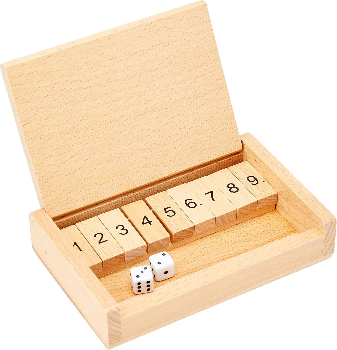 Shut the box dobbelspel: 13,5 x 9 x 2,5 cm, hout, 2 dobbelstenen