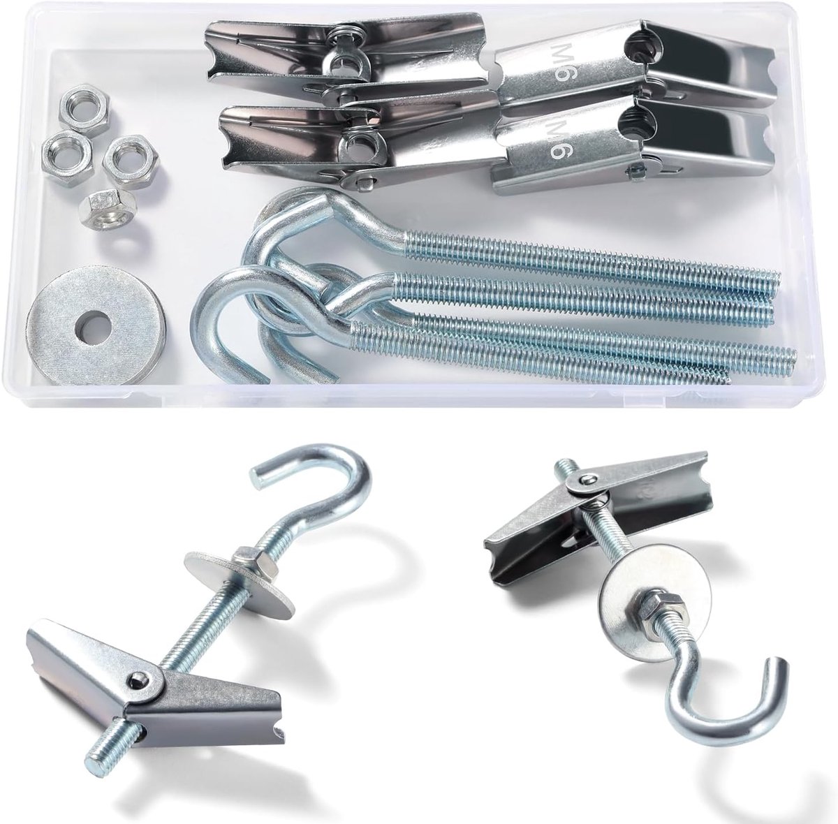 4 Sets M6 Wing Spring Hook, Spring Toggle Wing Bolt Hook, Plafond Gipsplaat Montage Haak, met Zeskant Moeren, Ringen, voor Gipsplaat Holle Wanden Hangende Planten Bevestiging