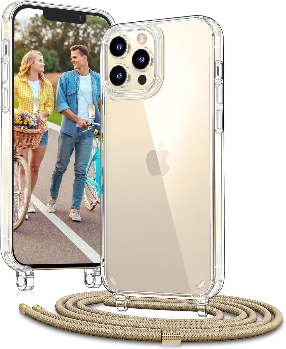 Case voor iPhone 12/ iPhone 12 Pro Hoesje, Geel | Crossbody Hoesje Verstelbaar en Afneembaar Touw, Transparant Schokbestendig Cover,