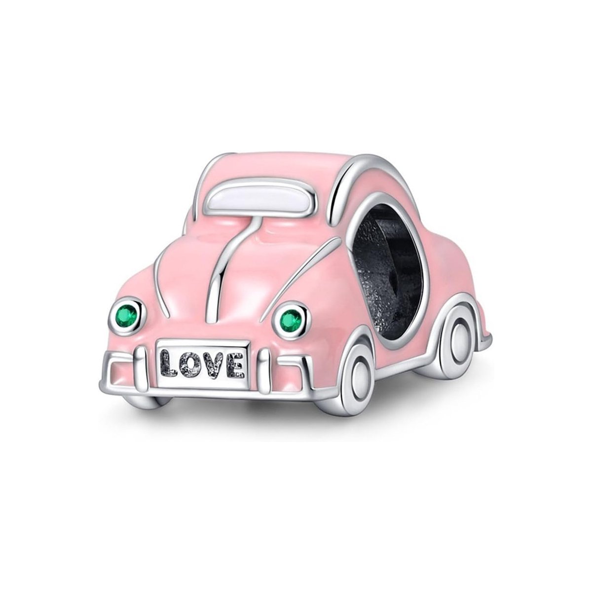Fler® | Bedel | Past op populaire bedelarmbanden (standaard - 3mm) | Roze Kever Auto Bedel 'Love' | Hangbedel Charm | 925 sterling zilver | Groene zirkonia |Roze, zwarte & witte emaille |Valentijnsdag Cadeau |Sinterklaas kado |Kerstcadeau |Verjaardag