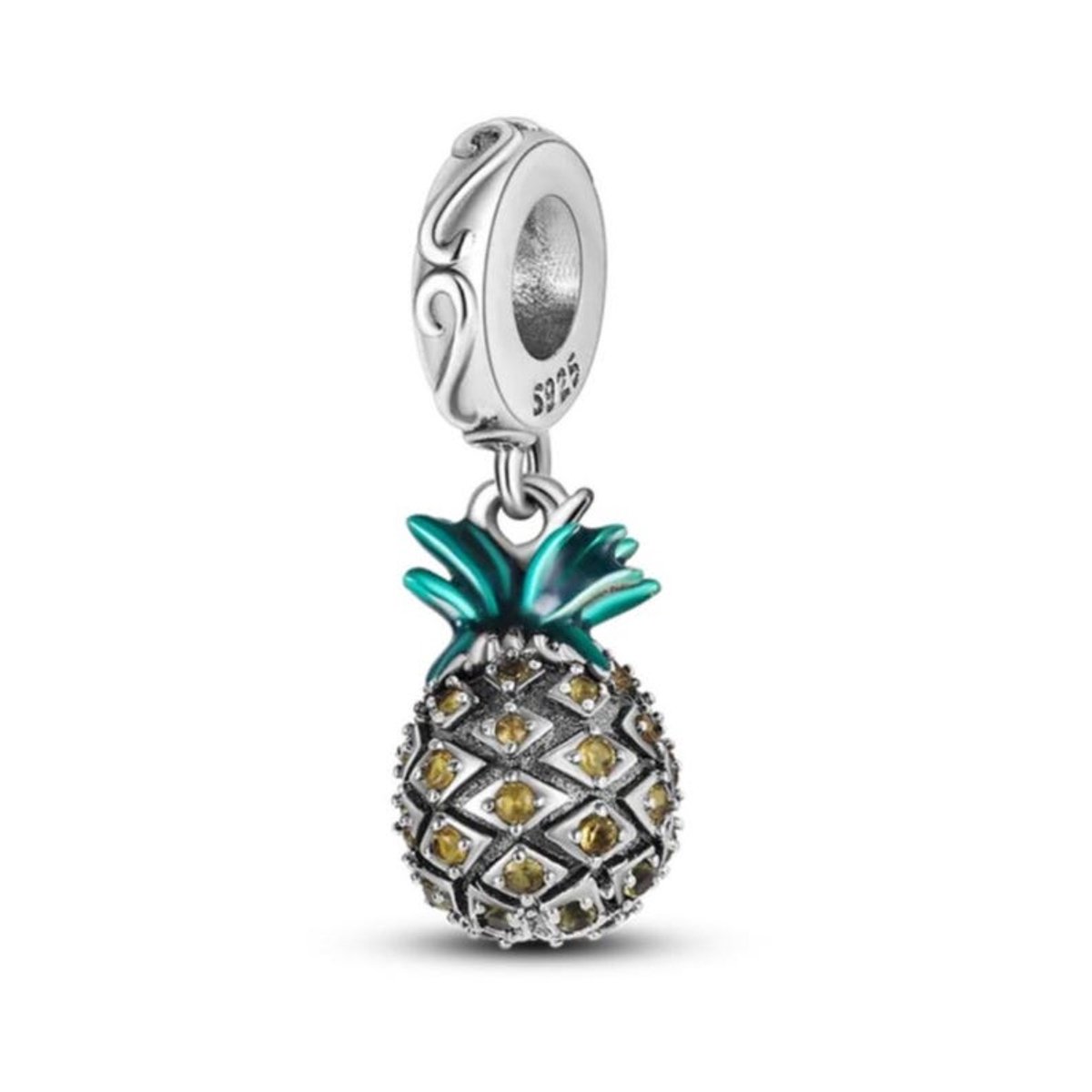 Fler® | Bedel | Past op populaire bedelarmbanden (standaard - 3mm) | Ananas Bedel | Hangbedel Charm | 925 sterling zilver | Gele zirkonia | Groene emaille | Valentijnsdag Cadeau | Sinterklaas kado | Kerstcadeau | Verjaardagsgeschenk | Vriendschap