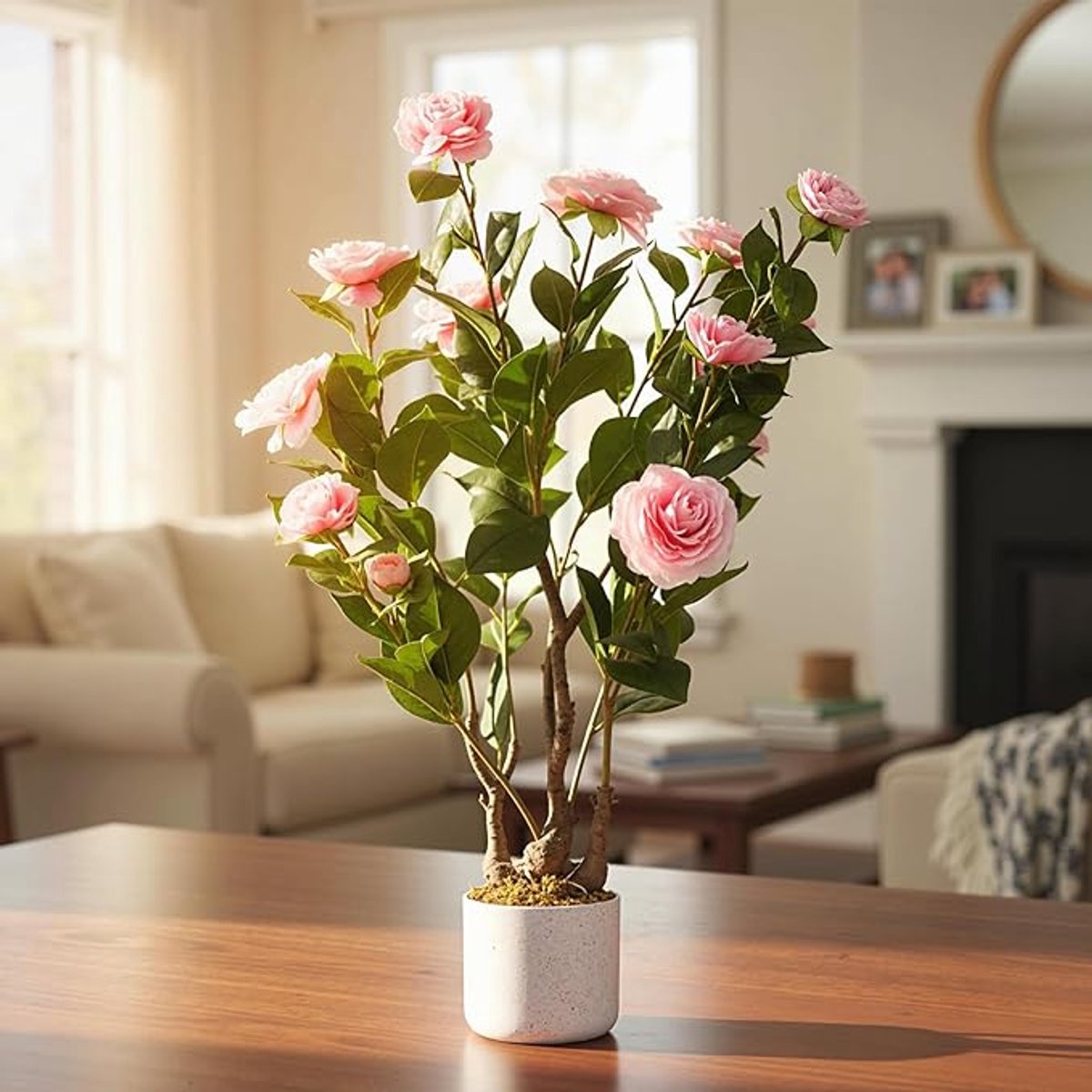 HOERFURIY Kunst-Camelia Boom 76cm - 16 Roze Bloemen - Met wit pot - Levensechte plant voor woonkamer en kantoor decoratie