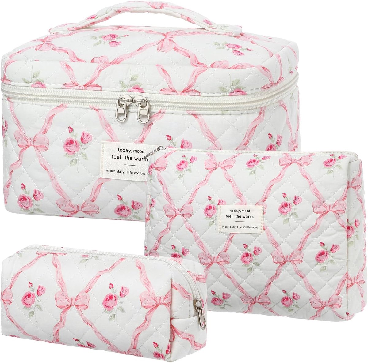 SnelShoppen - Cosmetische tas 3-delige set toilettas voor dames met bloemenpatroon gewatteerde make-uptas roze voor reizen en dagelijks gebruik