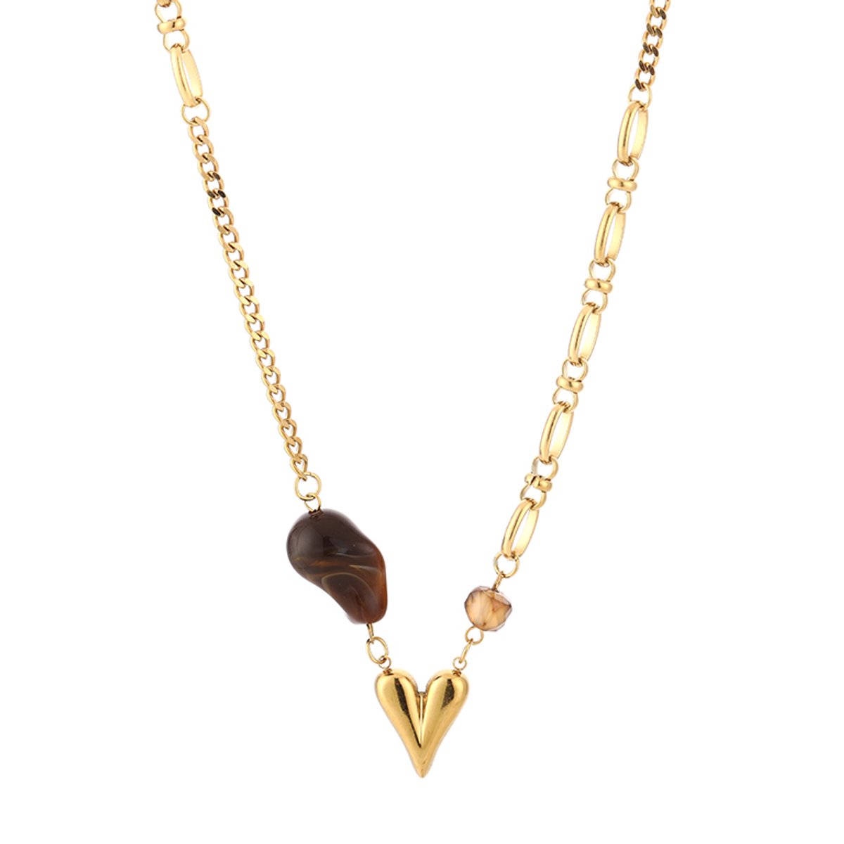 Handmade Artisanal Heart & Natural Stone Asymmetrical Necklace – Luxe Hartje Ketting Handmade – RVS - Bruin