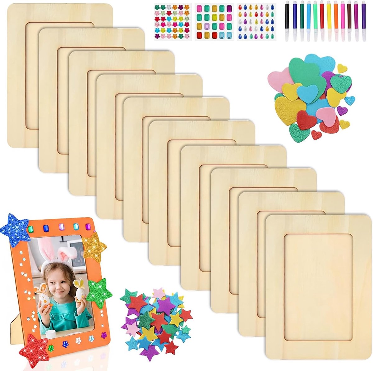 10-delige houten fotolijstenset, doe-het-zelf houten fotolijstenset voor kinderen, knutselset met 3 soorten glittersteentjes, sterstickers en 12 aquarelpenselen, voor het beschilderen van hout