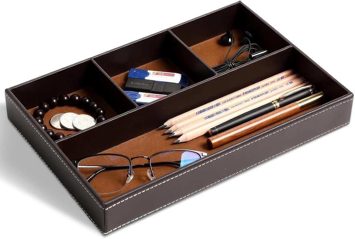 lederen opbergdoos, nachtkastje dienblad, tassenlegger organizer, sleutelbakje voor horloges, telefoon, sieraden, sleutels, munten en kantoormaterialen (Bruin)