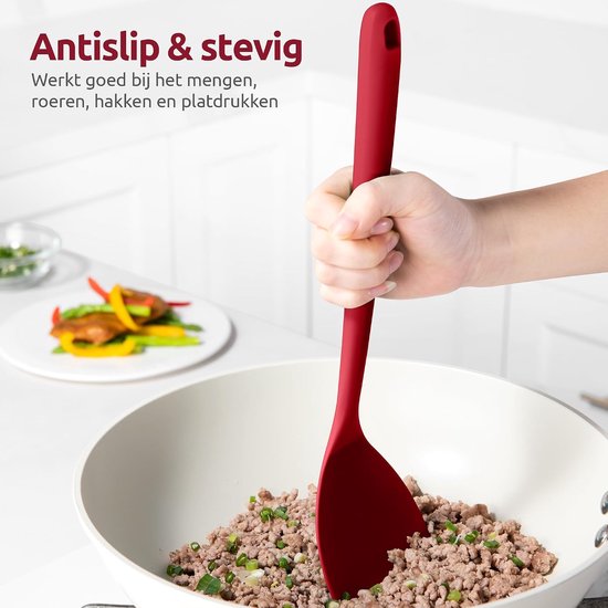 Extra Lange Siliconen Wokspatel (Rood) - 315 ℃ Hittebestendige Keuken Spatel van Voedselkwaliteit,Naadloos anti Aanbak Rubber Kookgerei voor Frituren Pannenkoeken vis — afbeelding 5
