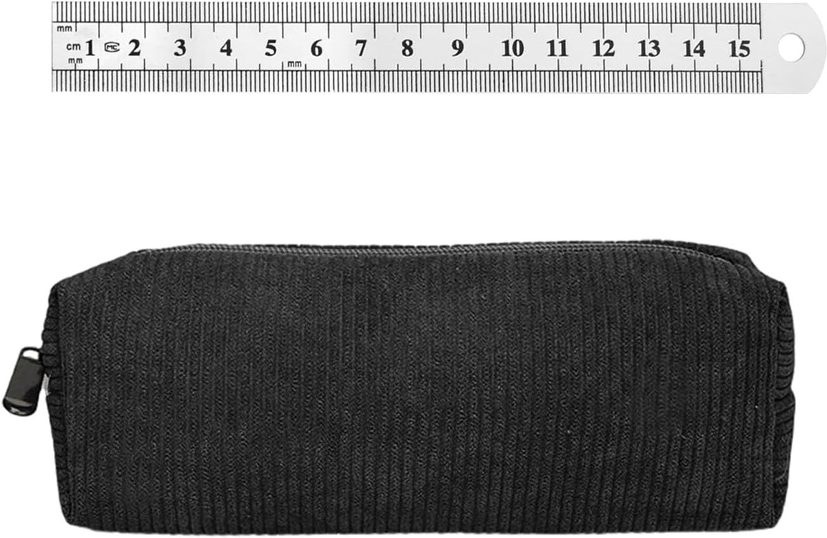 1 Etui Gemaakt Van Zwart Corduroy En 1 Liniaal Gemaakt Van Roestvrij Staal, Briefpapier Set Voor Studenten, Multifunctionele Opslag, Geschikt Voor Studie En Kantoor.