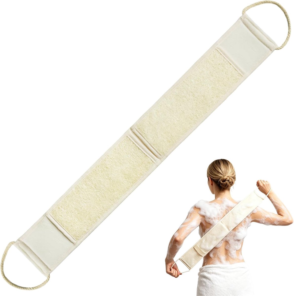 Natuurlijke Luffa-spons, lichaamscrub, dubbelzijdige rugschrobber met handvat, dieptereiniging, duurzaam en biologisch voor douche en badkamer, 1 stuk
