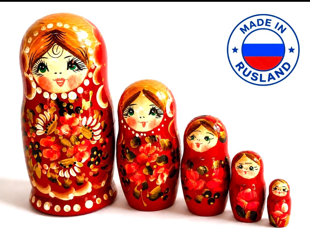 Houten Matroesjka poppen, Russische,babushka, 15,50 cm hoog 5 delig handbeschilderd - Multicolor rood oranje