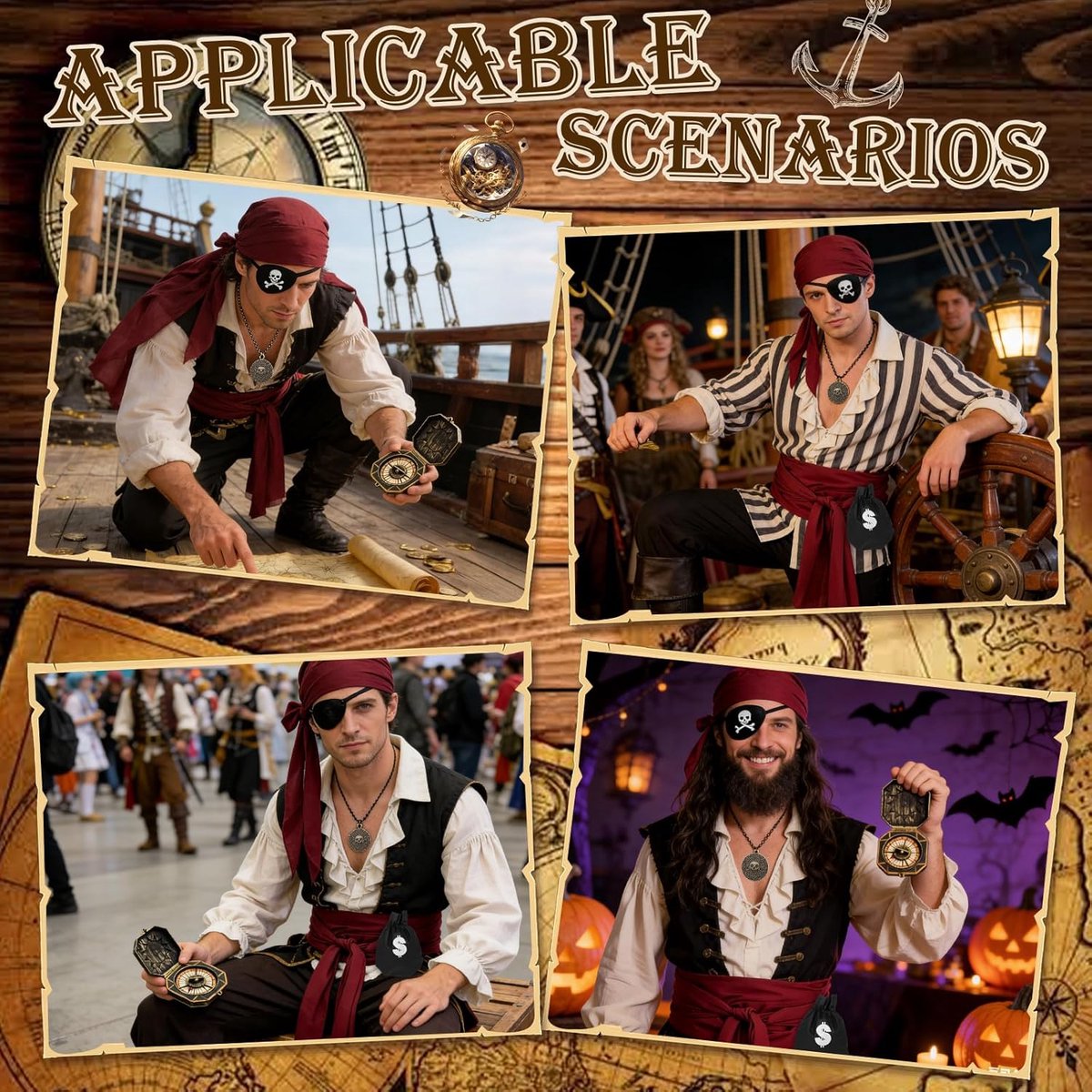 accessoires set, middeleeuws piratenkostuum accessoires met hoofddoek, riem, ooglapje, ketting, speelgoedkompas, geldbuidel, kapiteins verkleedpak, piraten accessoires voor carnaval