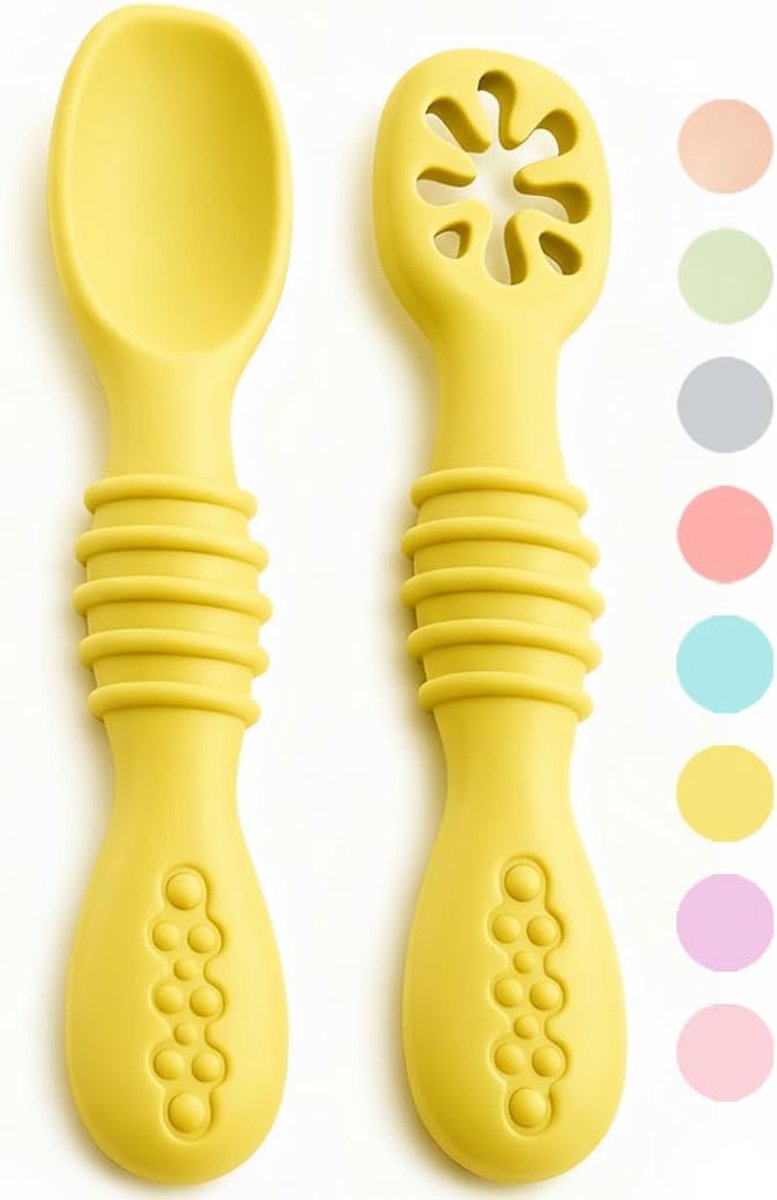 Learning Spoons, fase 1 + fase 2. Aanbevolen door voedingsdeskundigen en spenen experts. Gecoat met antibacteriële en ergonomische siliconen. (geel)