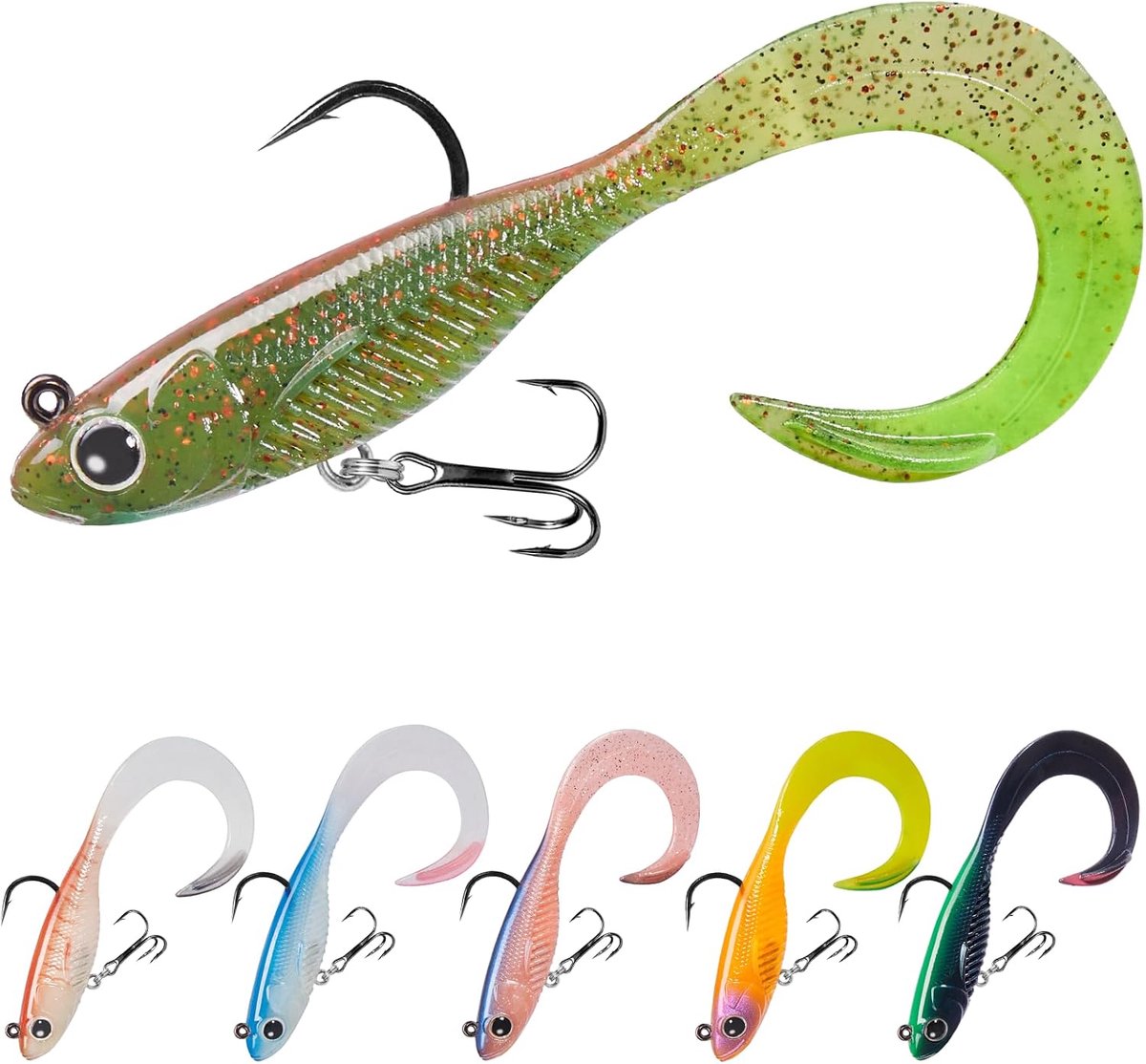 Easy Catch Pre-Rigged Soft Lures, Unieke gebogen staart met onweerstaanbare wiebelactie, super duurzaam TPE-jig-kunstaas voor basforel, crappie snoekbaars, geweldige visgeschenken, apart