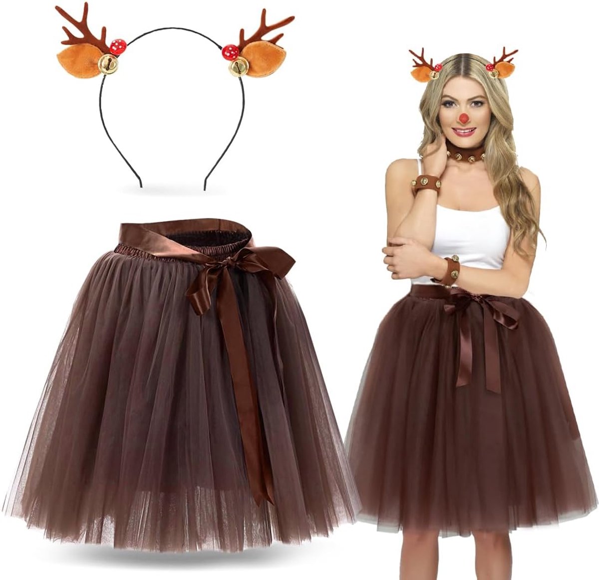 Rendierkostuum voor dames, hoofdband met gewei + bruine rok, hertenkostuum voor dames, voor carnaval, Halloween, Kerstmis, cosplay, feest