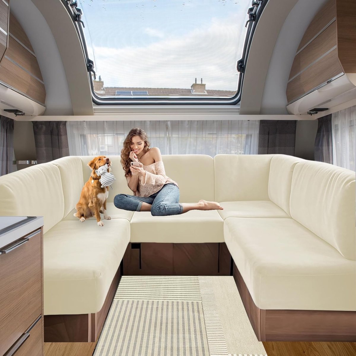 Covers voor caravankussen, fluweel, antislip, camperstoelhoezen met koord, bankovertrek, caravankussen, wasbaar, beige, W 60-90 cm, D 30-55 cm