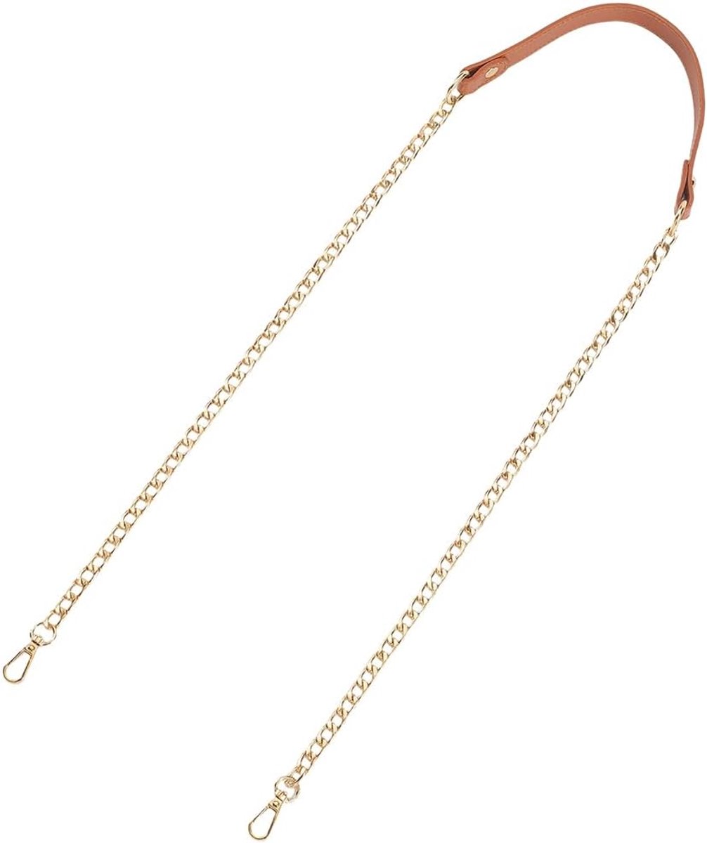 schouderriem, 1,18 m, platte gouden ketting van metaal, vervangende riem voor handtas, leren handvat voor schoudertas, accessoires (bruin zadel)