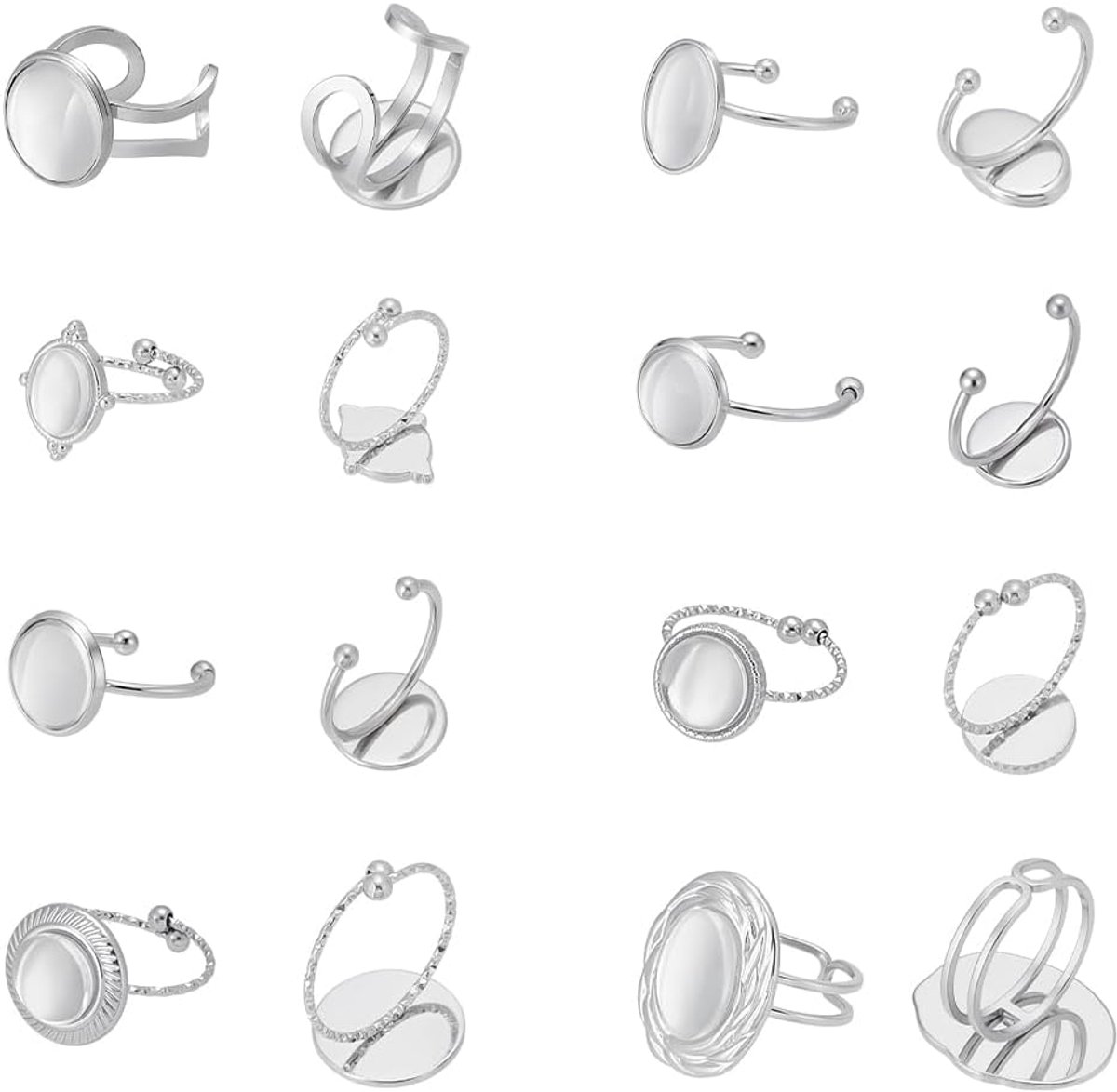 8 sets blanks vingerringen maken kit, 304 roestvrij staal open manchet ring ring ring lade met transparant glas cabochons blanco koepel basis lade vinger ring bezels bases sets voor