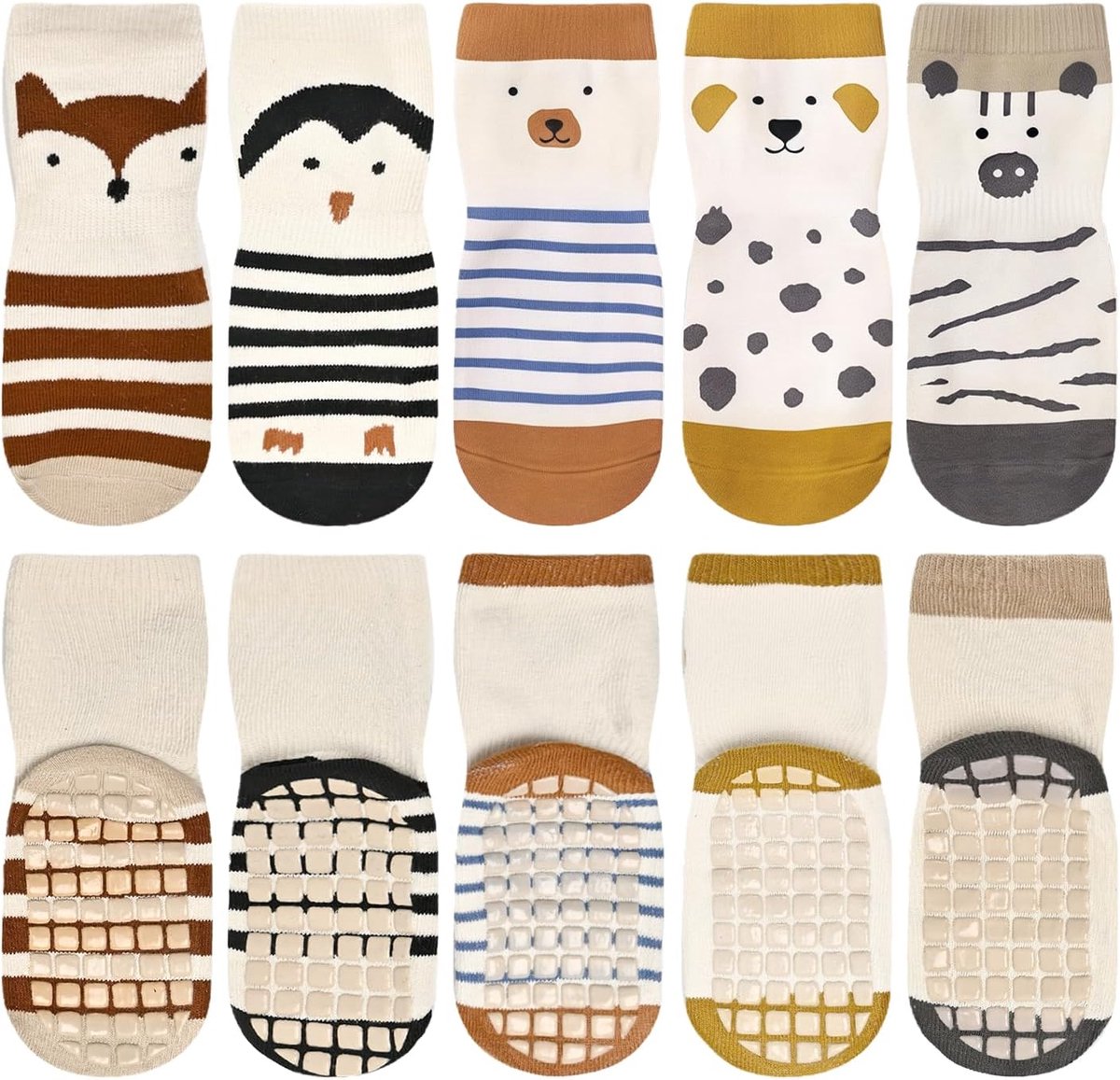 Sokken voor kinderen, babysokken met antislipstrips en cartoon dierenprint, ideaal als cadeau voor peuters, jongens en meisjes.