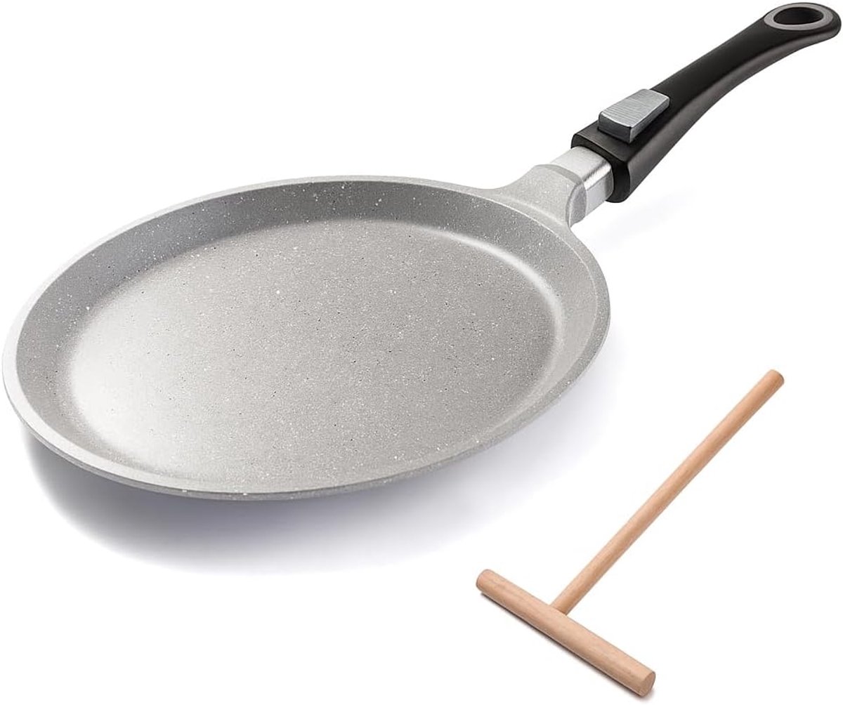 Pannenkoekenpan, echte steendeeltjes, anti-aanbaklaag, voor alle warmtebronnen, inclusief inductie + oven, met afneembare handgreep (24 cm)