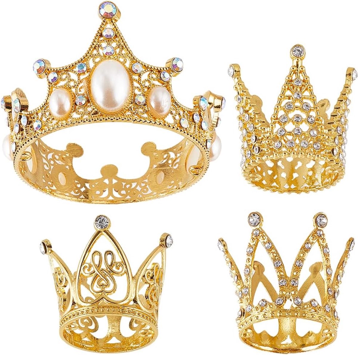 4 Stuks 4 Stijlen Gouden Kroon Cupcake Topper Bloem Boeketten Kit Gemengde Kleine Legering Koninklijke Prinses Koninklijke Prinses Koningin Plastic Peal Strass Tiara voor Cake Topper Bruiloft
