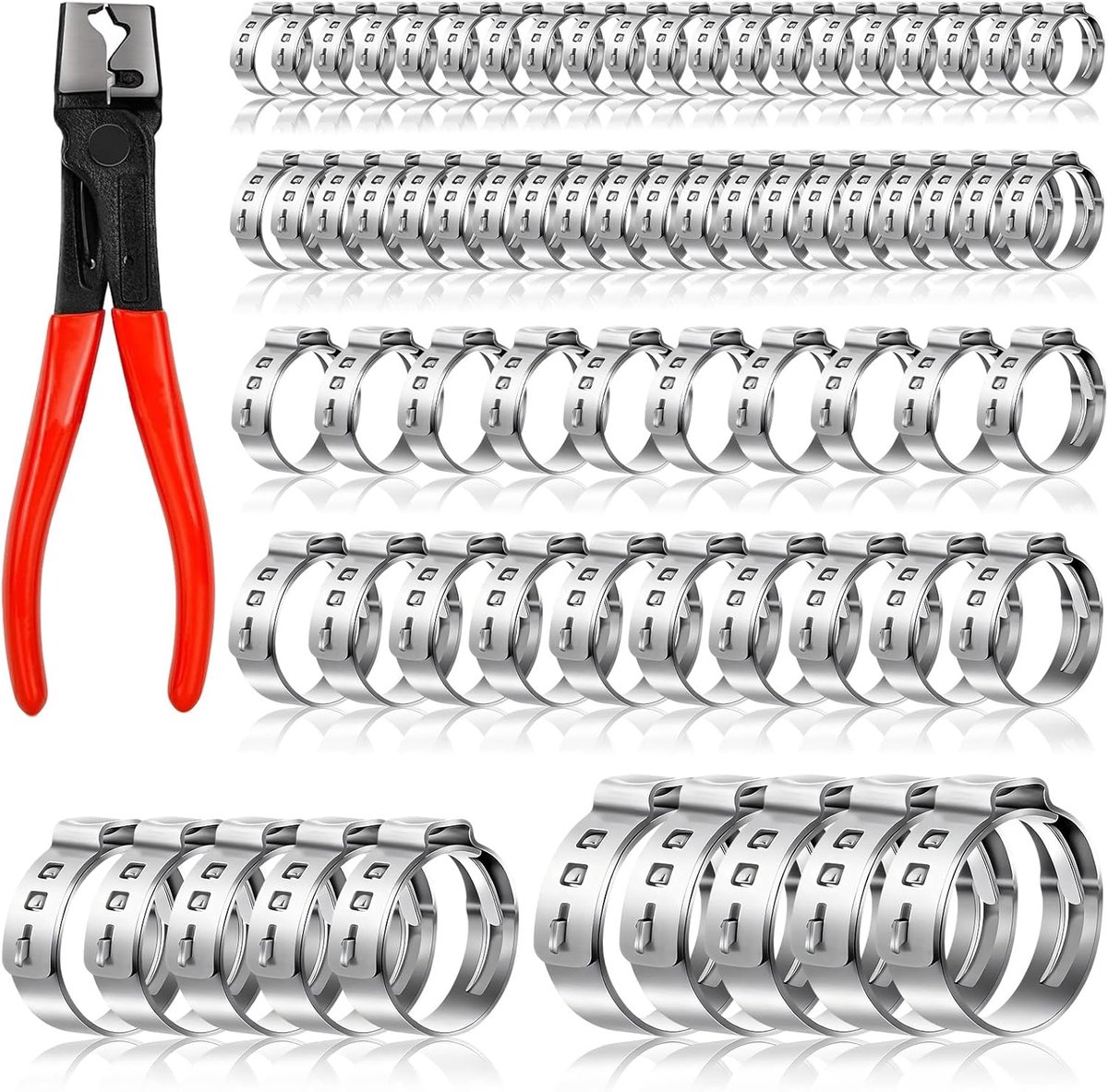 Eenoorsslangklemmen met slangklemtang, set van 70 stuks, 304 roestvrij staal, eenoors-slangklemmen voor slangen, gas, auto, tuin (6 maten, 6,8-25,6 mm)