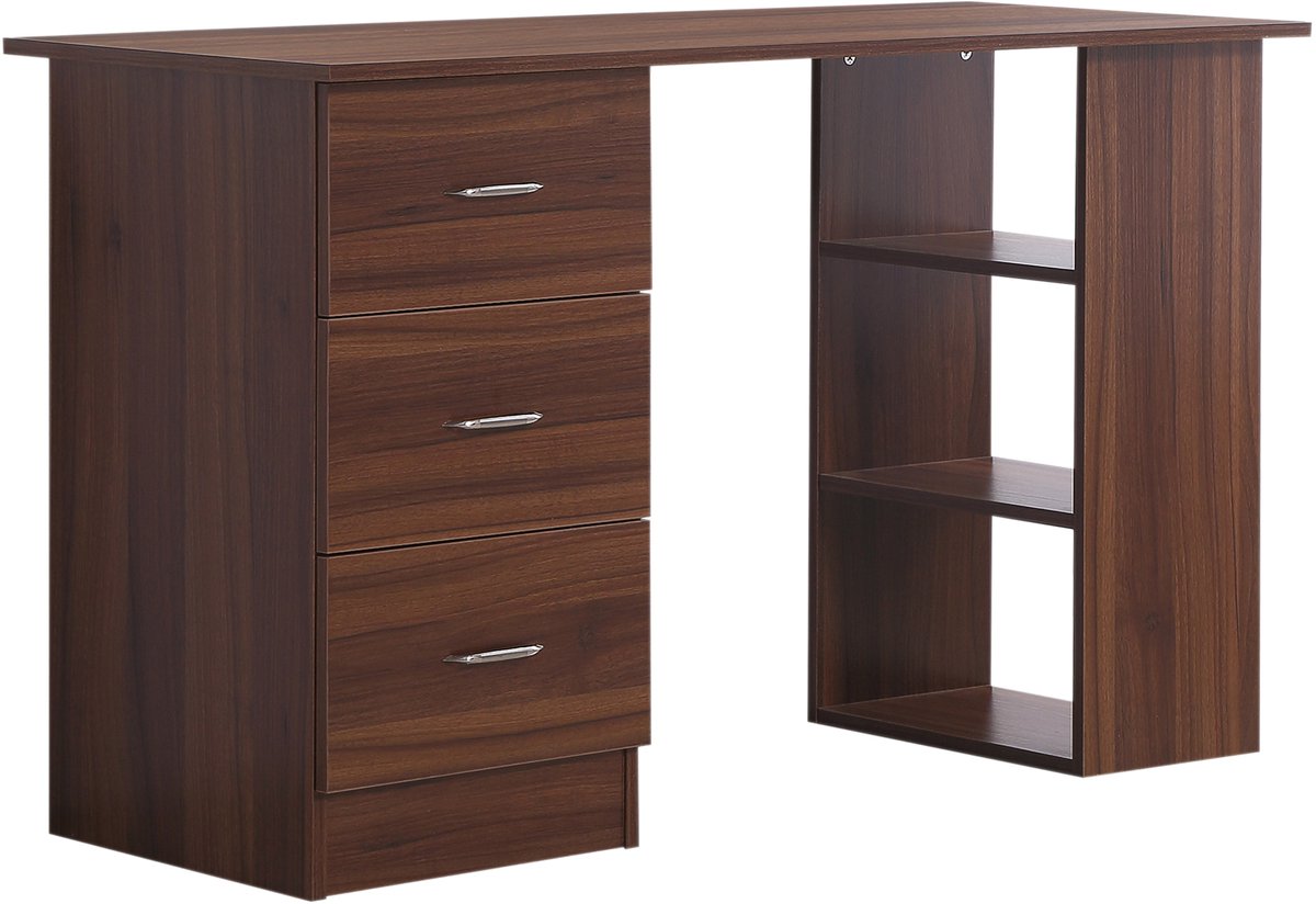 Computerbureau met 3 laden, modern, 120 x 50 cm, walnoot | 3 open planken, omkeerbare opslag, computertafel, slaapkamer, kleine ruimte, telewerk