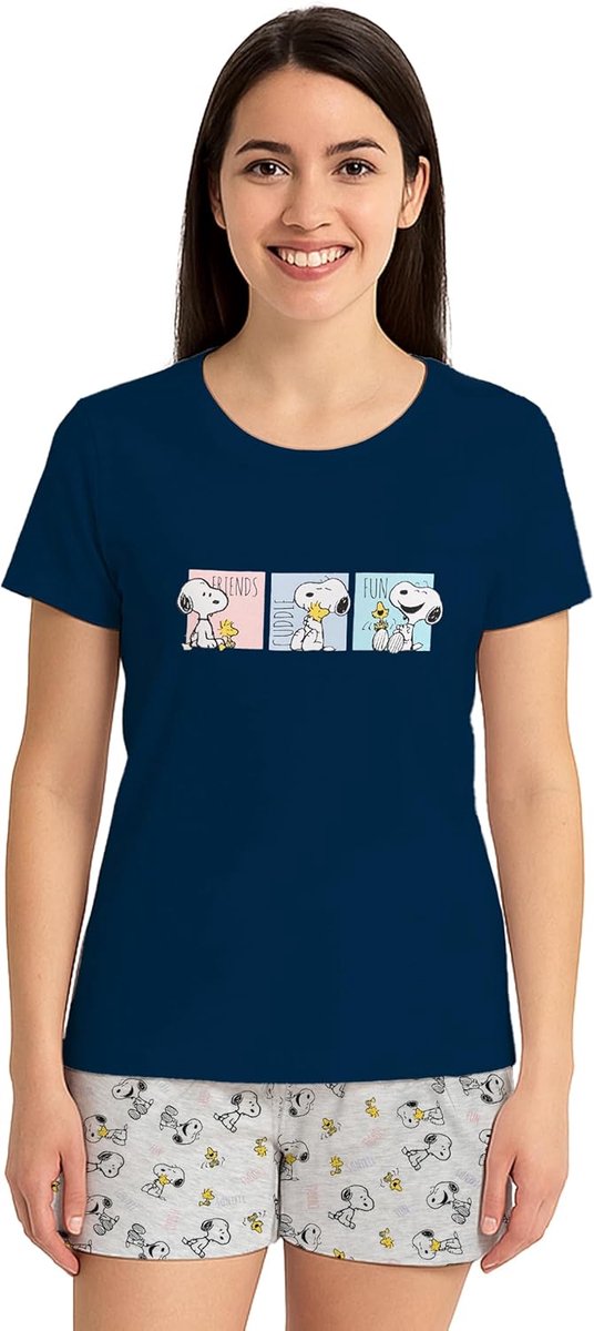 Labels The Peanuts Snoopy Pyjama voor Dames - Pyjamaset Korte Mouwen Bovendeel Met Shorts Blauw/Grijs