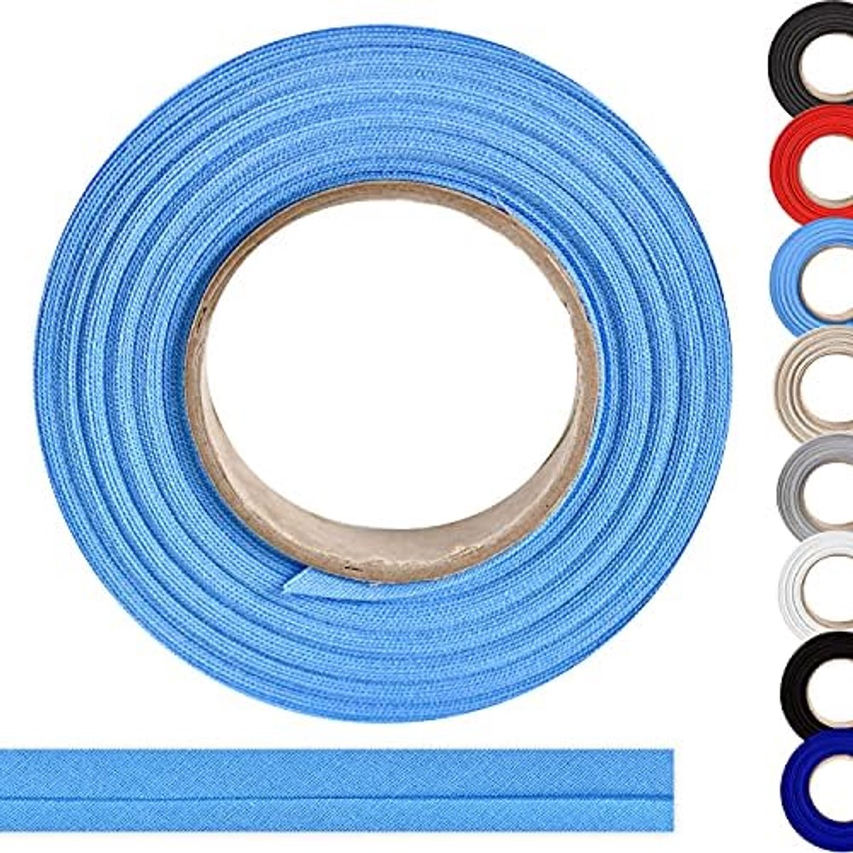 Biaisband van 100% katoen, 10 m x 18 mm (gevouwen), hoogwaardige rand, katoenen band, biaisband, ideaal voor doe-het-zelf naaien, in België gemaakt, op een rol (lichtblauw)