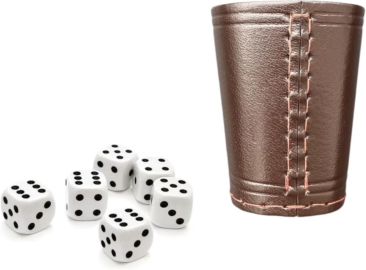 Dobbelbeker van echt leer, handgemaakte beker incl. 6 dobbelstenen (16 mm), 9 cm, hoogwaardige afwerking voor dobbelspellen (bruin)